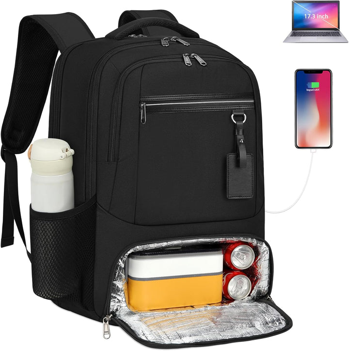 Versatile work backpack: waterproof fabric, USB charging, dedicated laptop sleeve & insulated lunch section.
