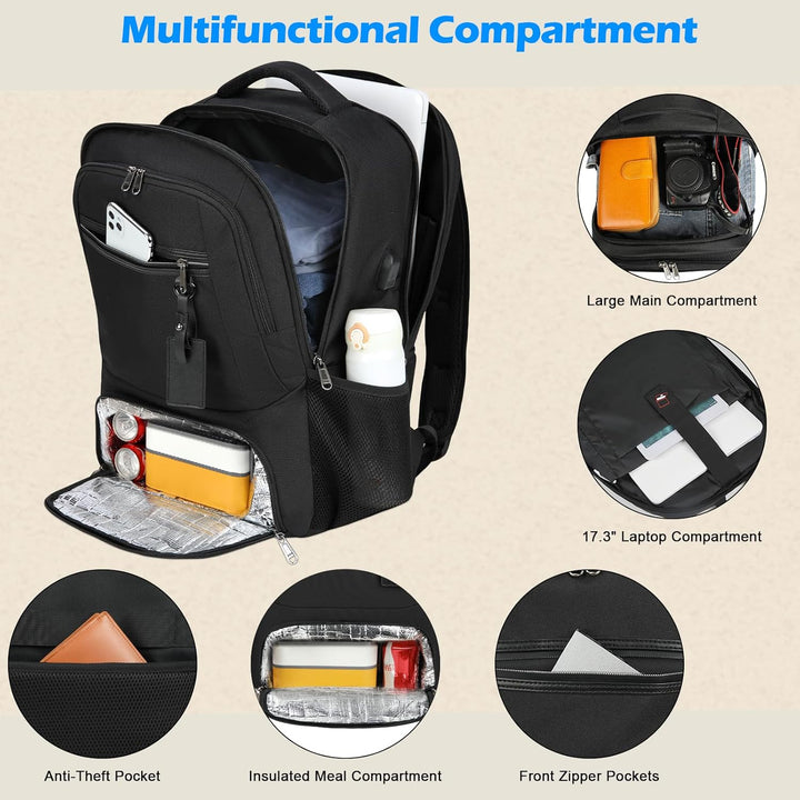 Organized travel & work backpack: waterproof, unisex, with USB port, laptop space & insulated pocket.