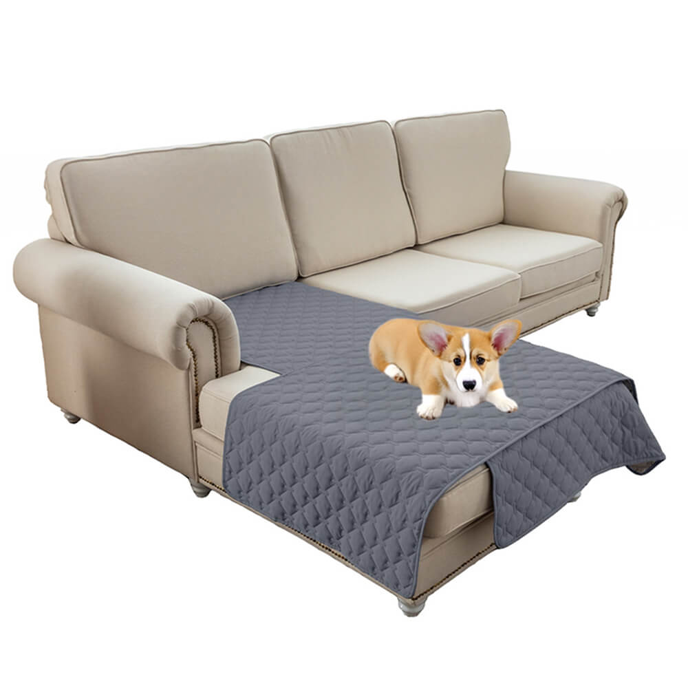 A child and pet playing on a sofa with a waterproof non-slip diamond quilted couch cover, showcasing family-friendly use