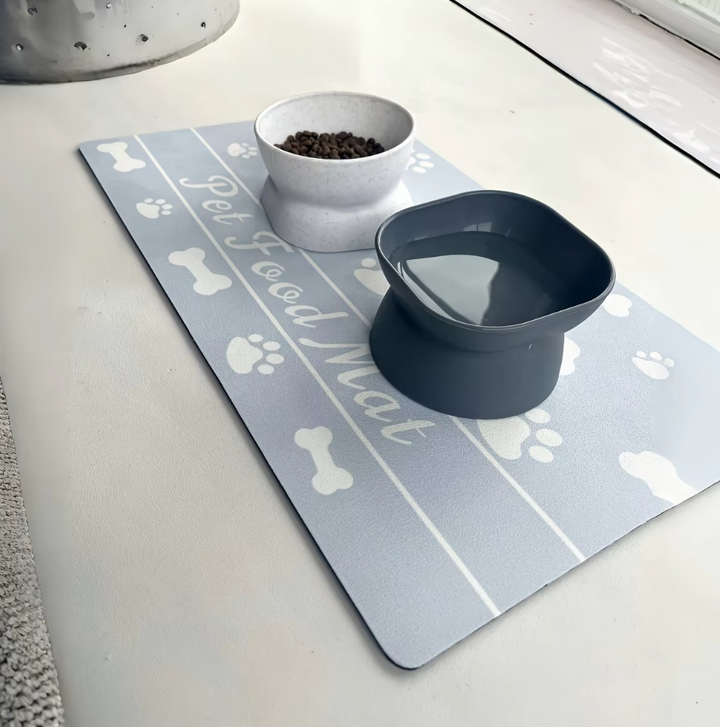 Stylish waterproof pet mat for under food bowls, non-slip and easy to clean for pet owners.