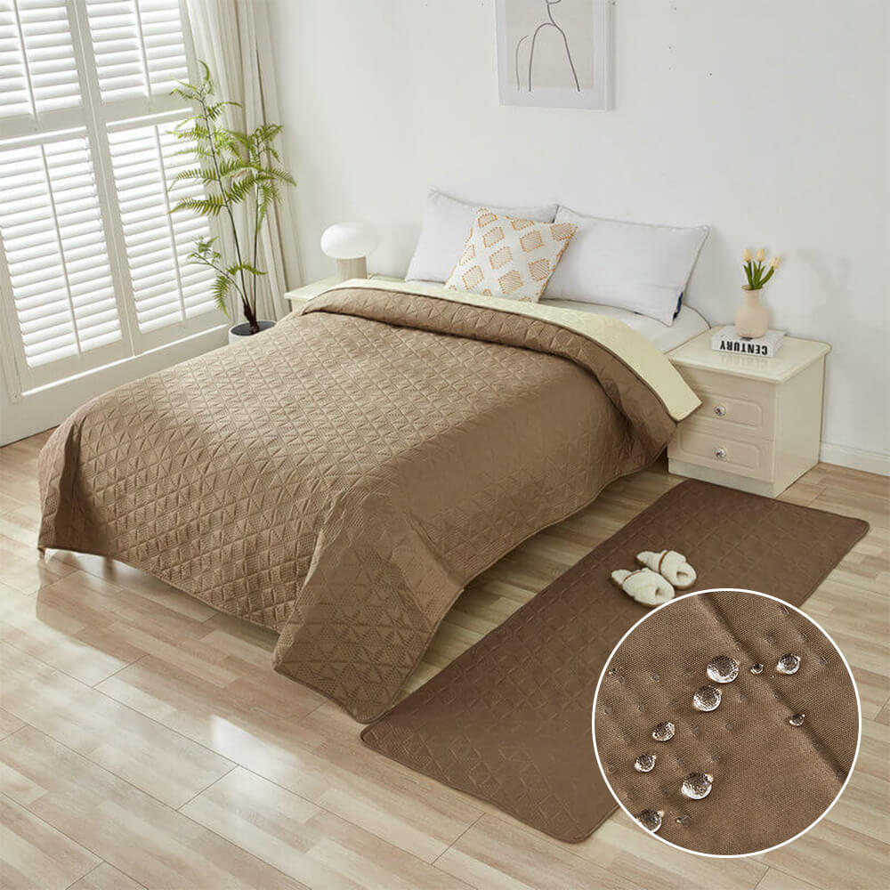 Close-up of waterproof pet mat fabric, showing textured non-slip surface, furniture protection, multi-purpose