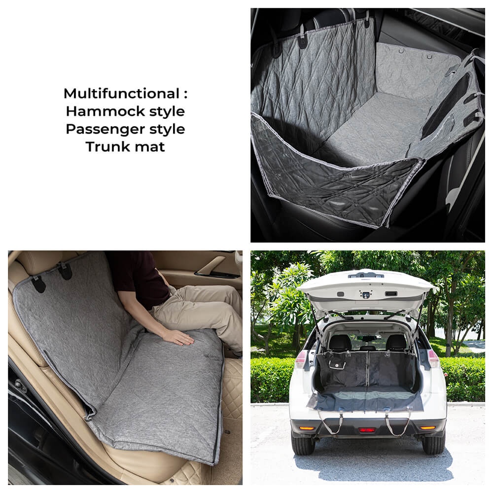 Dog car seat cover in black, waterproof Oxford fabric for pet travel, protects upholstery from scratches