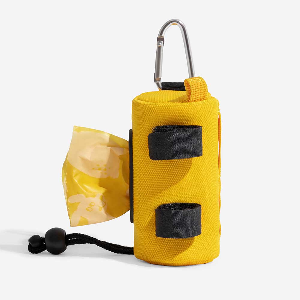 Outdoor shot of pet waste bag dispenser attached to a leash, with a dog in the background