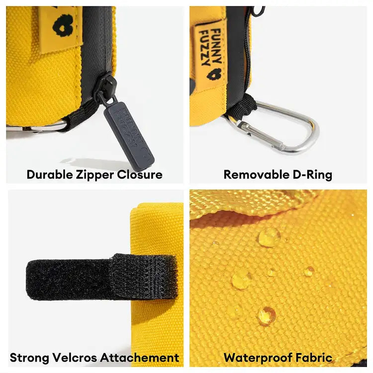 Eco-friendly pet waste bag dispenser securely clipped to a dog leash, ready for use