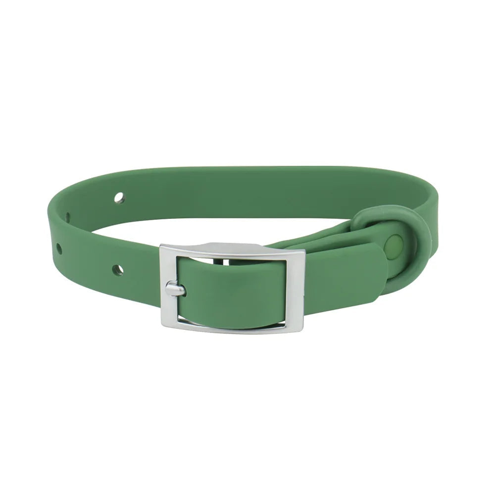 Adjustable PVC dog collar, waterproof for all-weather use, shown with sturdy metal D-ring