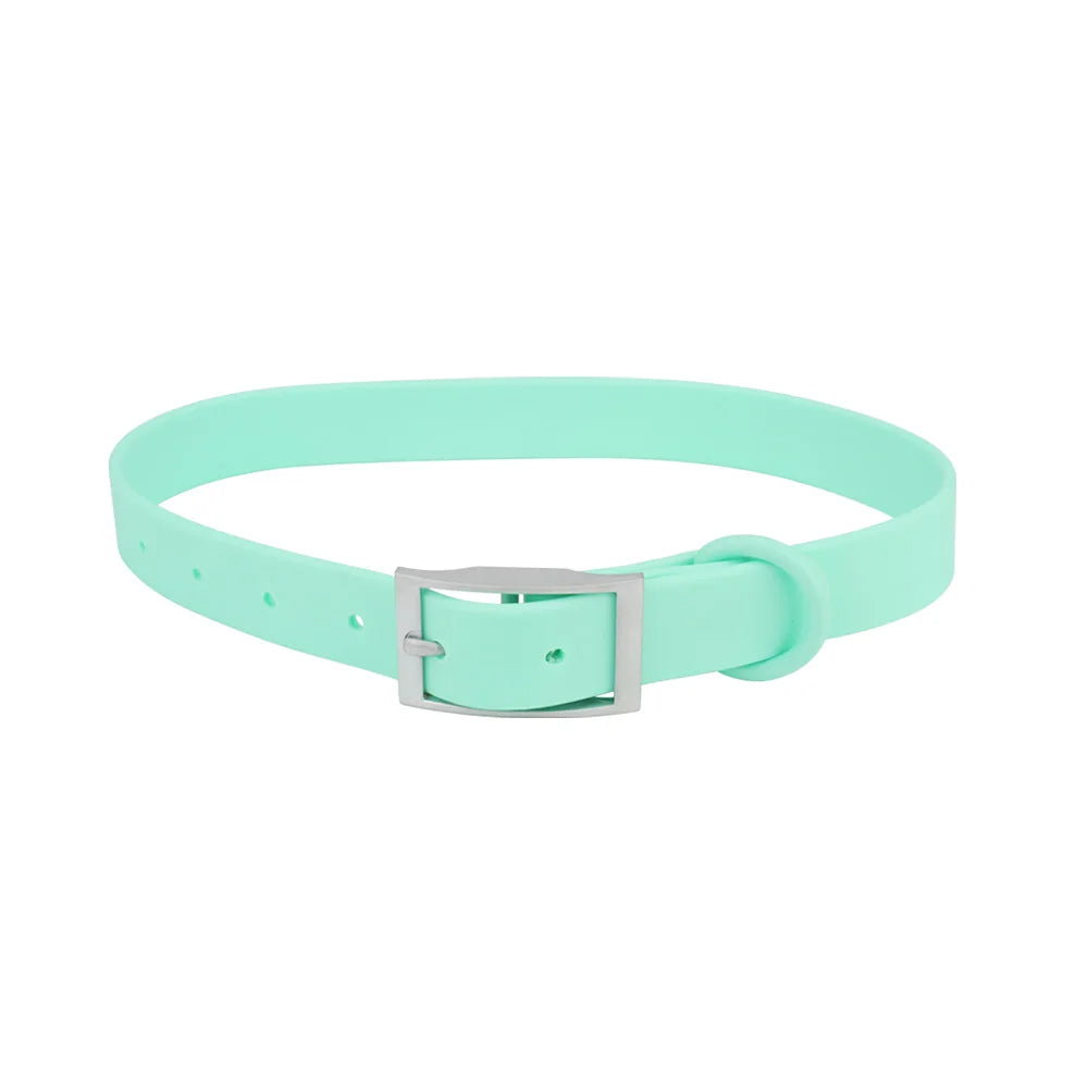 Red waterproof PVC dog collar with strong silver buckle, adjustable for pet comfort, easy clean