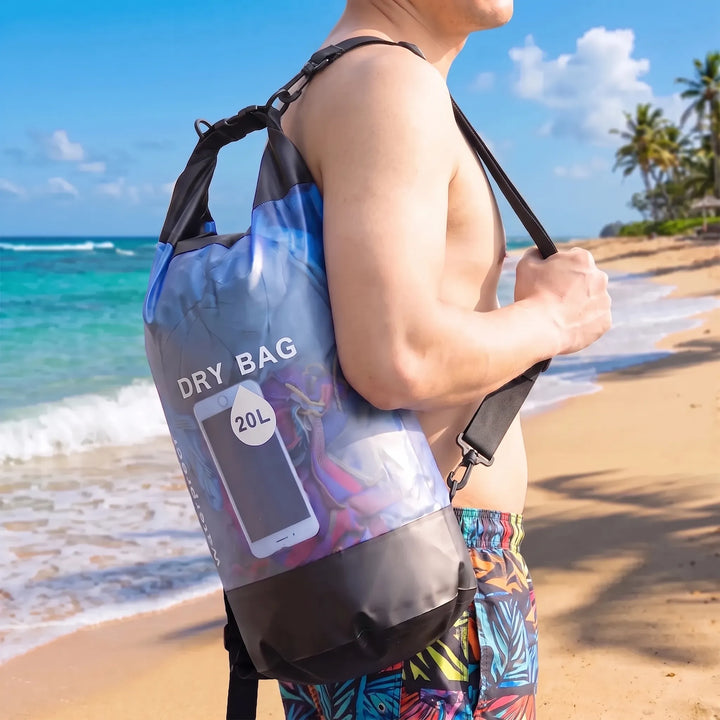 Compact and lightweight roll-top dry bag for hiking, travel, and water sports activities.