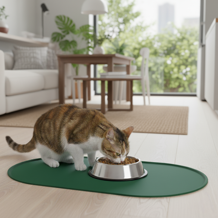 Grey silicone pet feeding mat, waterproof, non-slip, keeps pet bowls stable & floor clean
