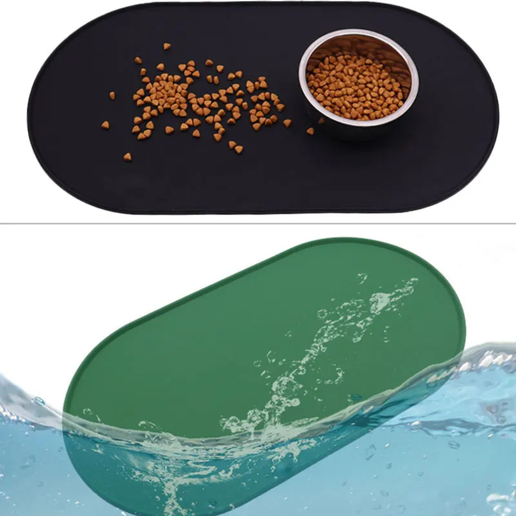 Waterproof pet feeding mat in grey silicone, non-slip base for dog or cat food bowls, hygienic