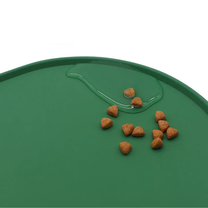 Grey pet food mat, waterproof silicone, non-slip design for dog and cat bowls, essential pet accessory