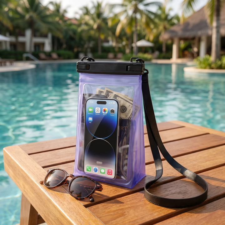 Unisex waterproof touchscreen phone pouch. Ideal for beach, swimming, and water activities.