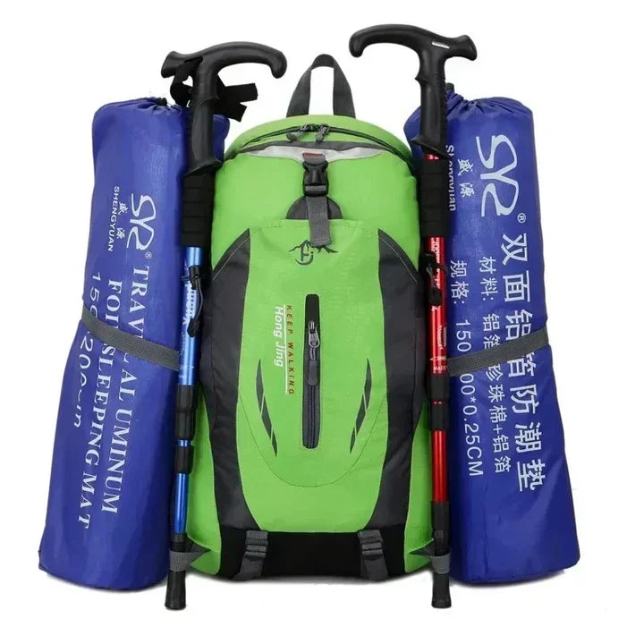 Back view of a waterproof travel backpack with padded straps & breathable back panel for comfortable trekking.