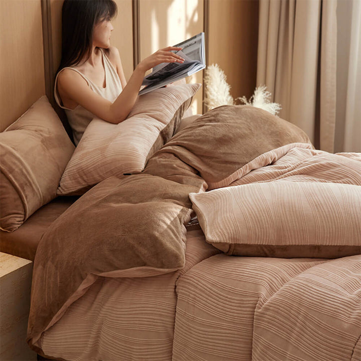 Cozy and soft milk velvet bed sheet set with a captivating wavy line design for decor.