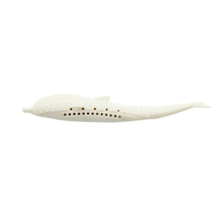 Blue whale-shaped silicone chew toy for cats, designed for dental care and durable play.