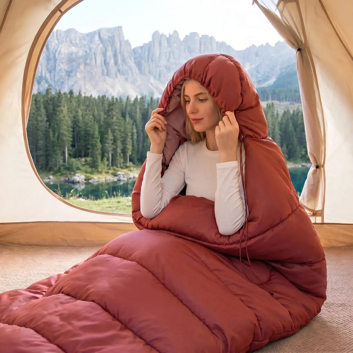 Adult unisex wide sleeping bag designed for comfortable 3-season camping & outdoor backpacking trips.