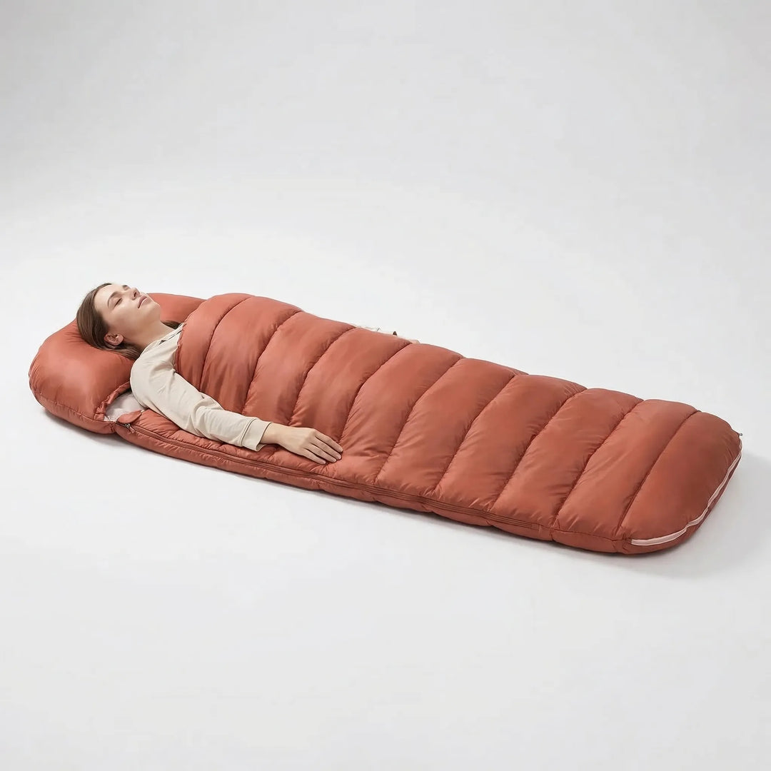Wide design unisex 3-season sleeping bag, ensuring comfortable, roomy sleep for adult campers.