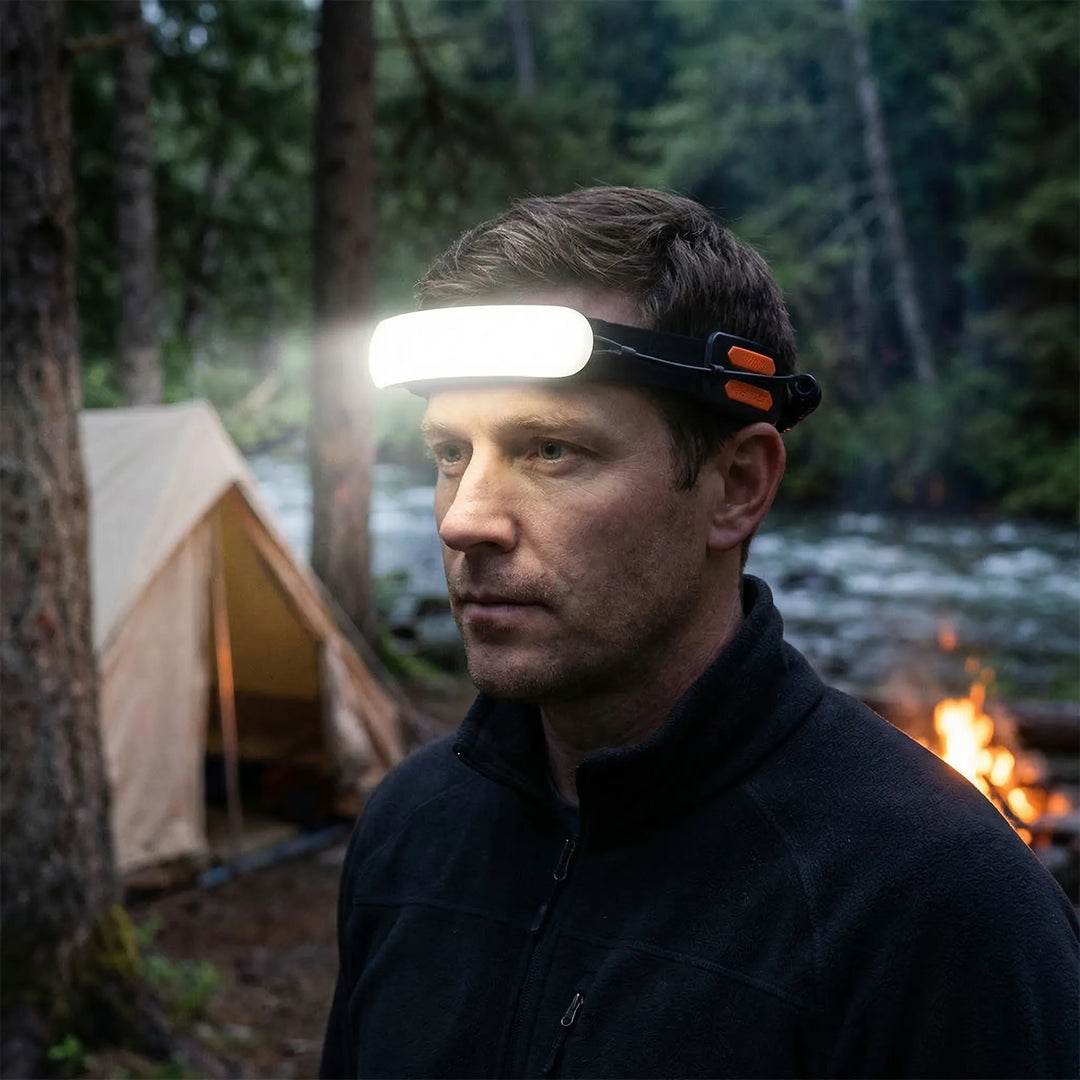 Unisex wide-beam COB headlamp, rechargeable for hands-free outdoor camping, hiking, and fishing light.