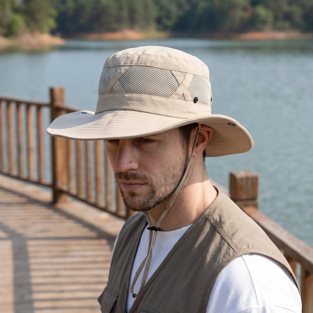 Unisex wide brim fishing hat for sun protection outdoors. Breathable & adjustable for summer.