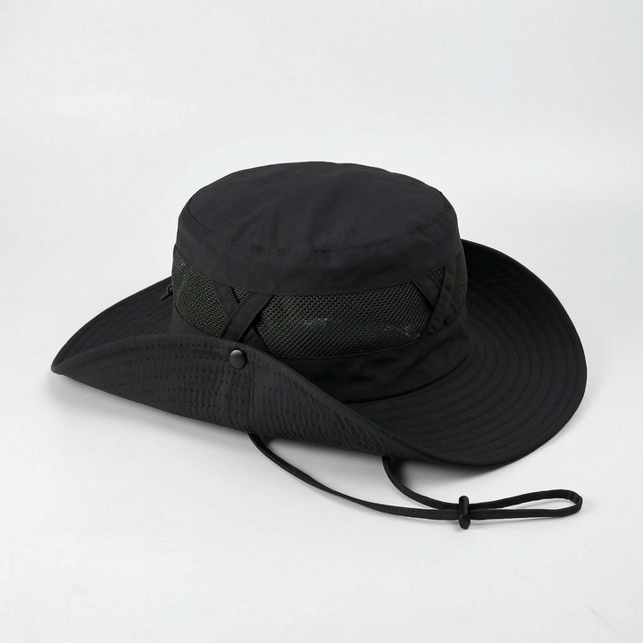 Travel-friendly unisex wide brim sun protection hat. Ideal for fishing, hiking, and outdoor summer fun.