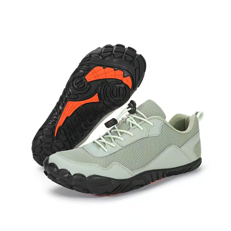 Natural fit zero drop hiking shoes, wide toe box for healthy foot movement on trails.