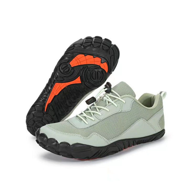 Natural fit zero drop hiking shoes, wide toe box for healthy foot movement on trails.
