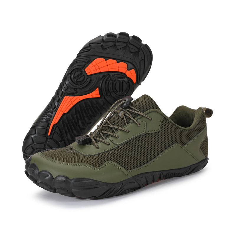 Orthopedic hiking shoes featuring a wide toe box for natural toe splay & foot comfort on trails.