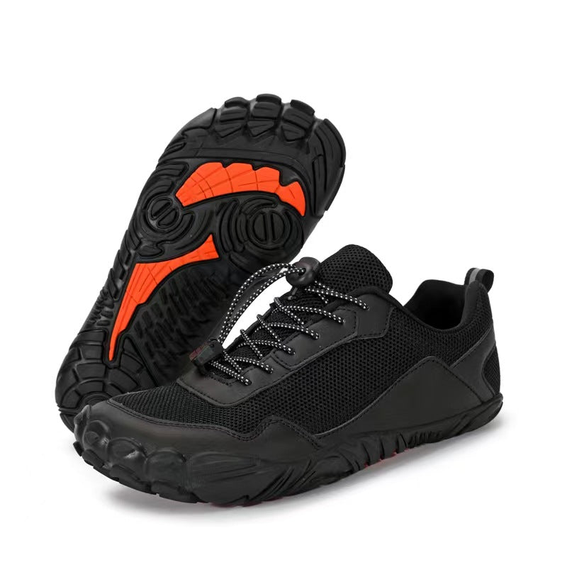 Wide toe box orthopedic hiking shoes for men & women, promoting natural foot splay & comfort.