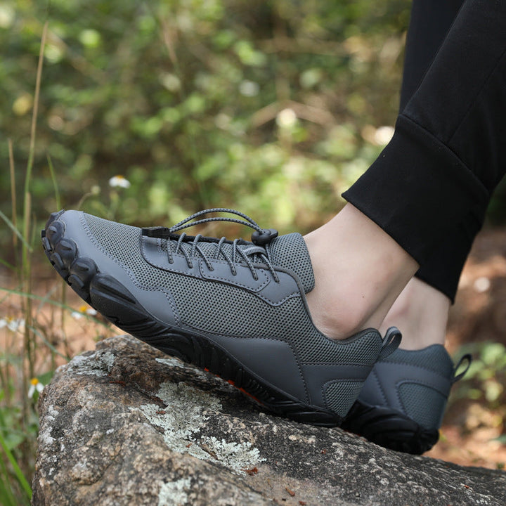 Men's wide toe box hiking shoes, orthopedic design for natural comfort & trail walking.
