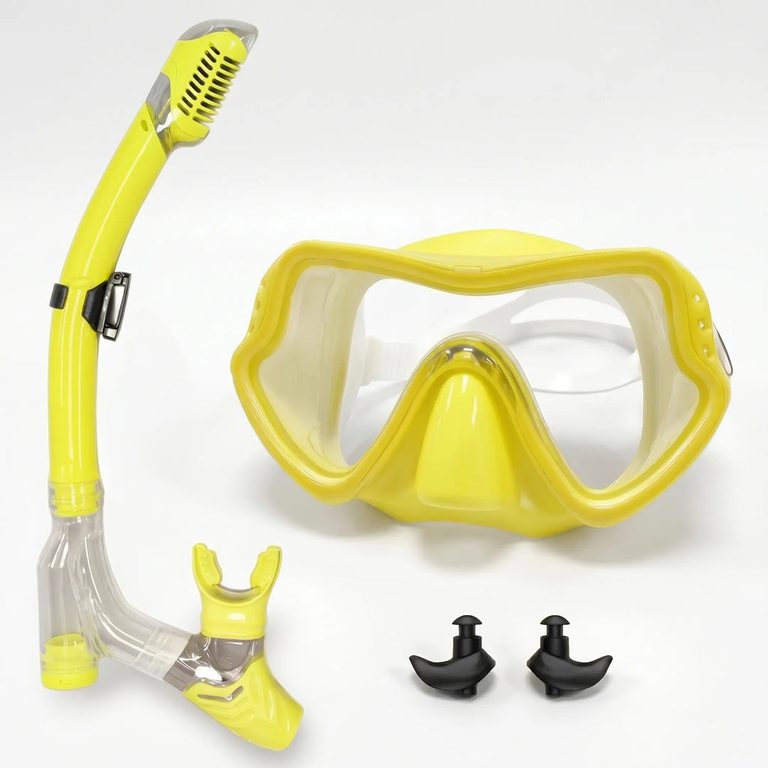 Adjustable, comfortable wide view snorkeling mask with clear lens for superior underwater exploration.