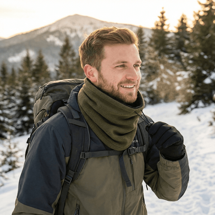 Black windproof neck warmer, a versatile unisex winter accessory for skiing, snowboarding & hiking.