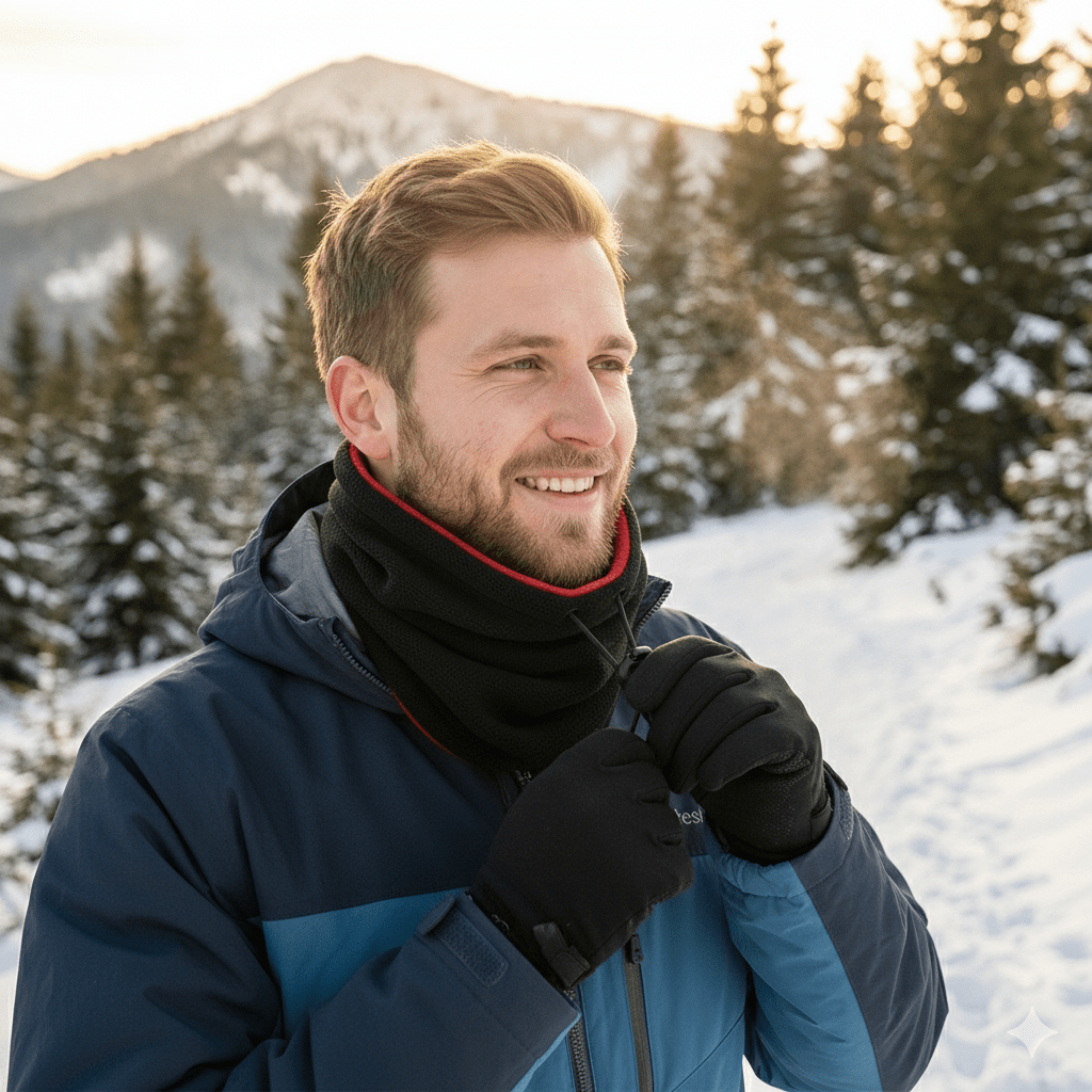Marine blue windproof neck gaiter, essential cold weather gear for hiking, cycling & winter sports.