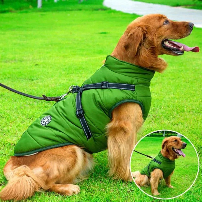 Durable, machine washable dog jacket for winter, featuring sherpa lining & a convenient built-in harness