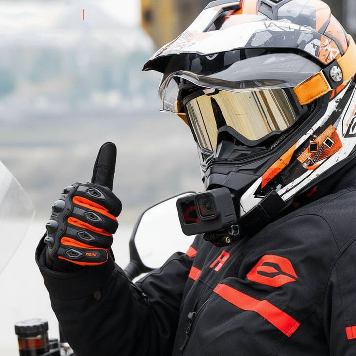 Protective winter motorcycle gloves with carbon fiber knuckles, touchscreen fingertips, and insulated waterproof design.