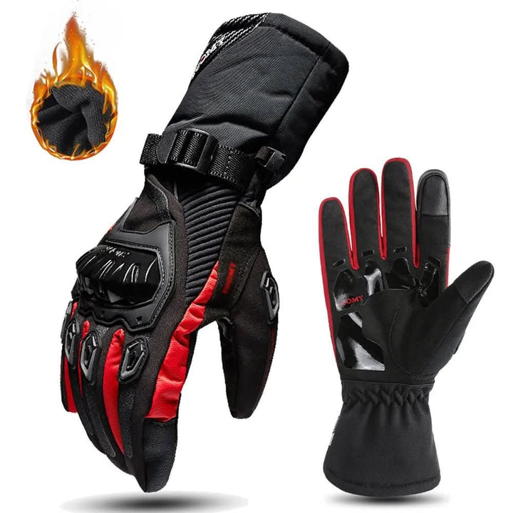 Warm winter motorcycle gloves: protective, insulated, waterproof, with touchscreen compatibility and carbon fiber design.