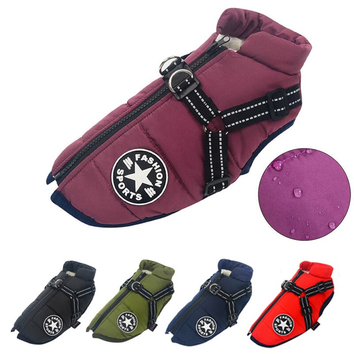Red waterproof winter dog coat with adjustable straps, ensuring a snug and warm fit for various breeds.
