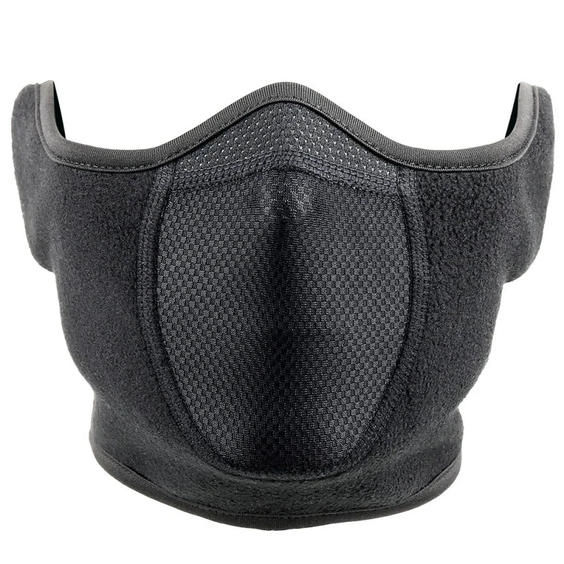 Close-up of a warm unisex fleece neck gaiter with ear protection, perfect for cold winter outdoor activities.