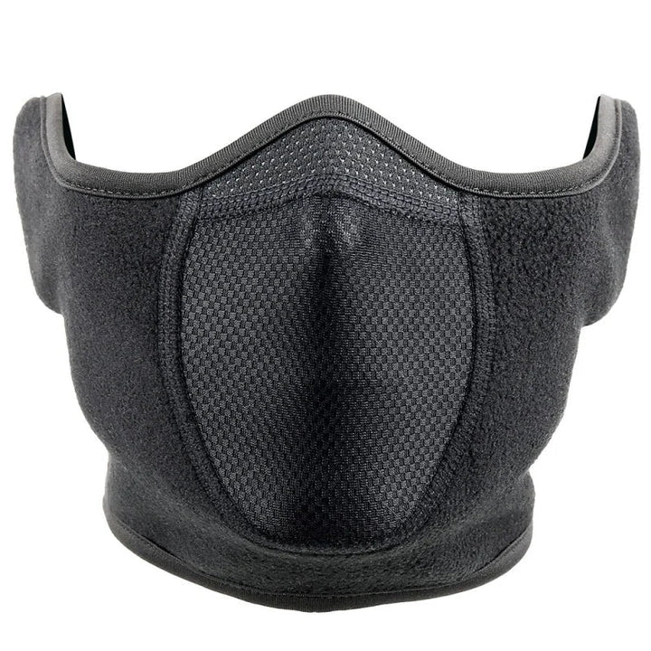 Close-up of a warm unisex fleece neck gaiter with ear protection, perfect for cold winter outdoor activities.
