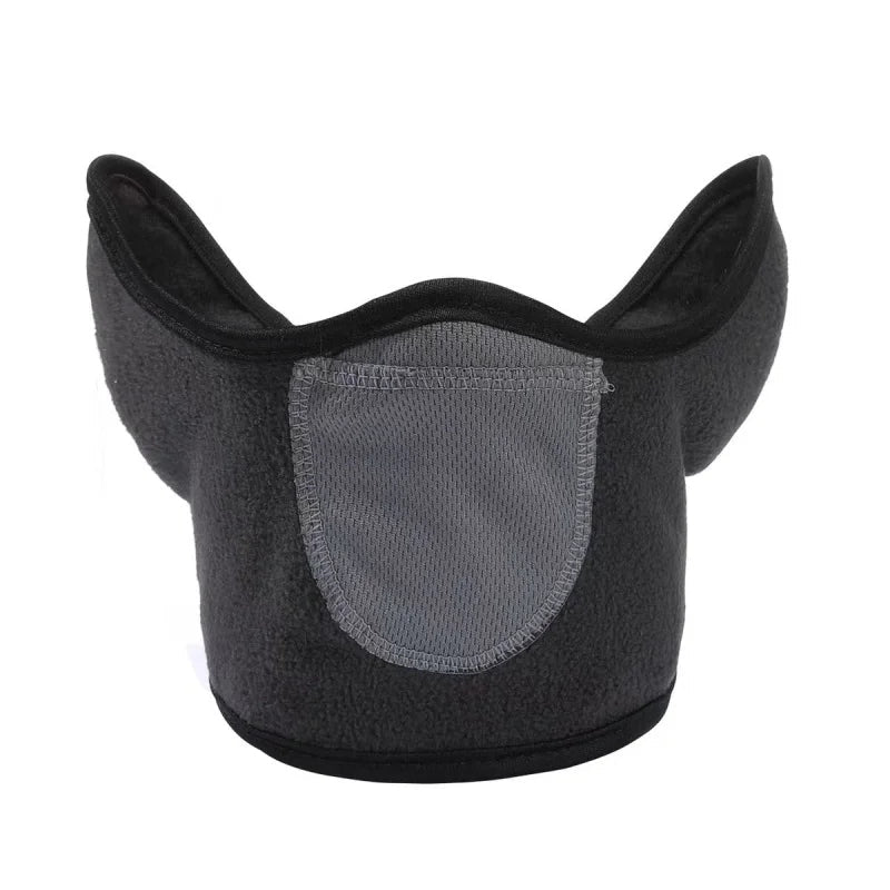 Model wearing a black windproof ear mask and neck warmer, suitable for hiking and winter sports.