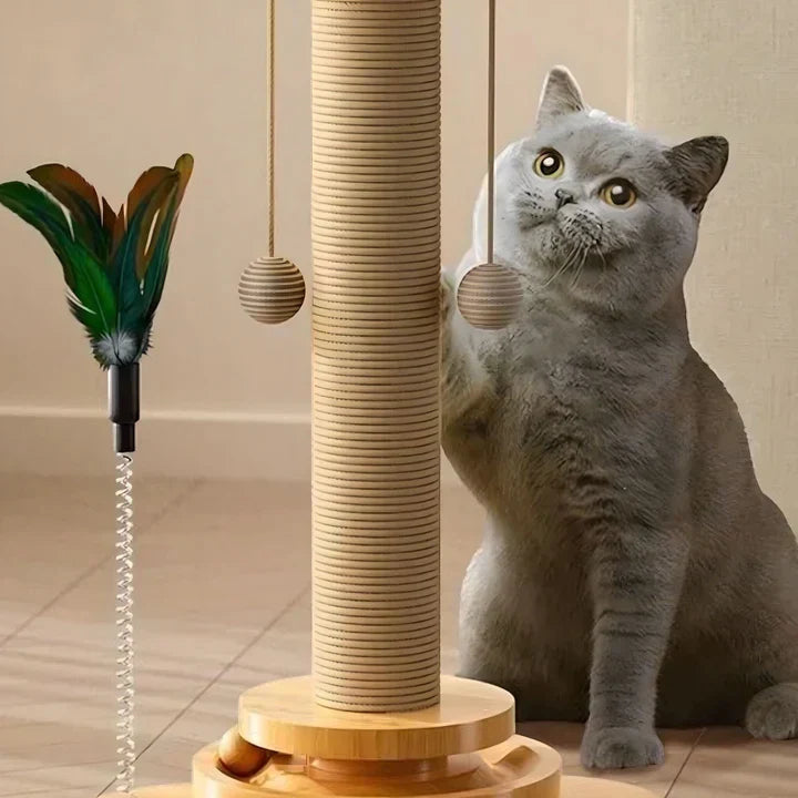 Unisex wooden cat play & scratch toy with sisal rope post and hanging ball for feline entertainment