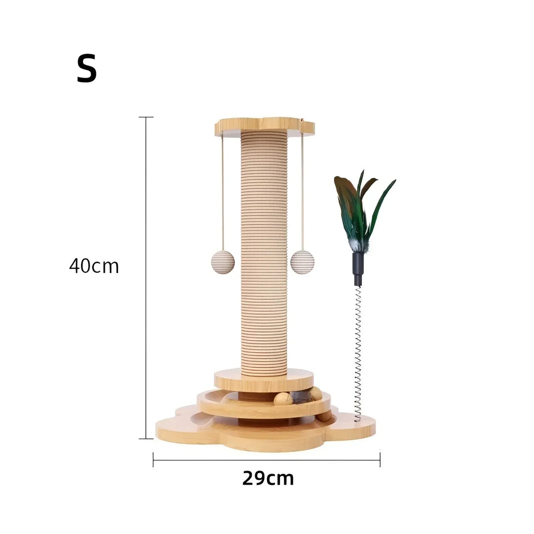 Durable wooden cat toy featuring a scratching post and an attached plaything for active felines