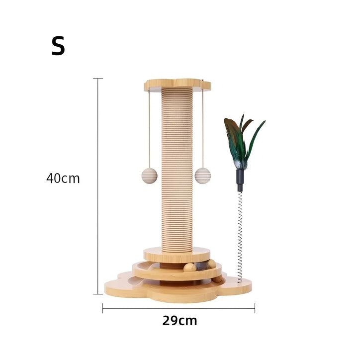 Durable wooden cat toy featuring a scratching post and an attached plaything for active felines