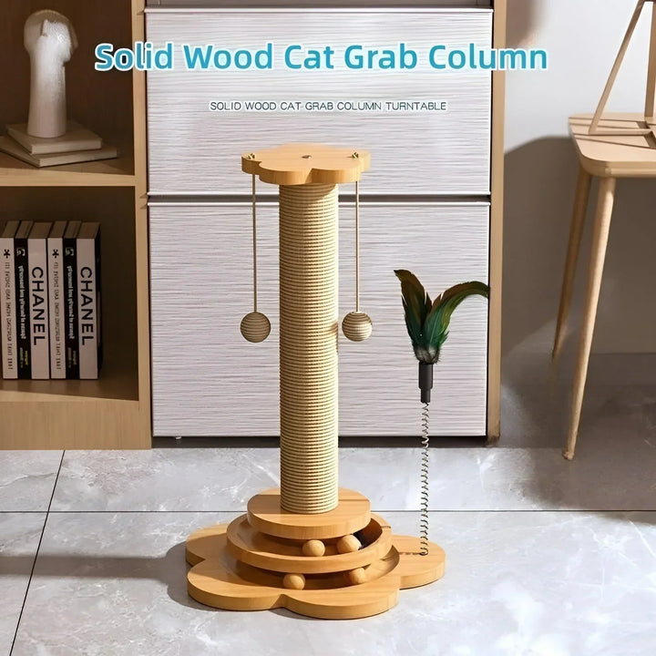 Close-up of a wooden cat scratcher showing sisal rope texture, a key pet supply for cats