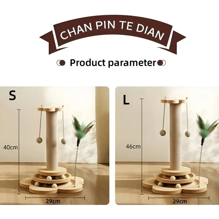 Interactive feline entertainment toy: wooden scratching post with a dangling element for cats