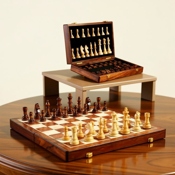 Unisex wooden chess set with foldable board & carved pieces, perfect for strategy games on the go.