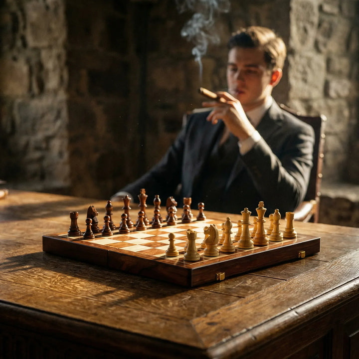 Portable wooden chess set with a folding board, complete with all pieces for travel & family fun.