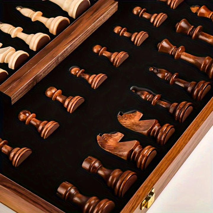 Classic wooden chess set featuring a durable folding board and detailed pieces, ideal for all ages.
