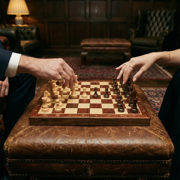 Elegant wooden chess set, a perfect gift idea with a foldable board & carved pieces for strategic play.