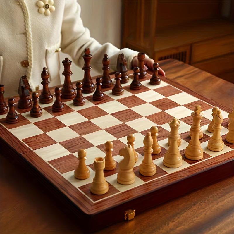 Complete wooden chess set including a foldable wood board & all chess pieces, great for family game night.