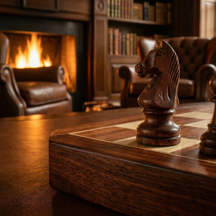 Foldable wooden chess set, a unisex design with smooth wood pieces & board for classic strategy games.