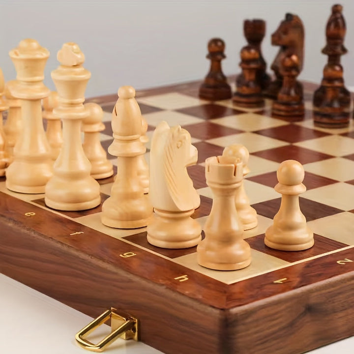 Premium wooden chess set, foldable board & carved pieces. A portable, classic strategy game for all ages.